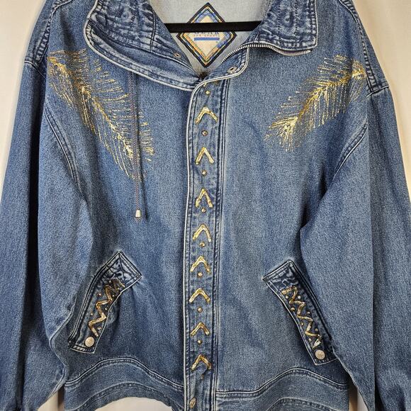 VTG 90s Coat Jacket Large Denim Oversized Puff Paint Embellished Southwestern - Picture 4 of 15